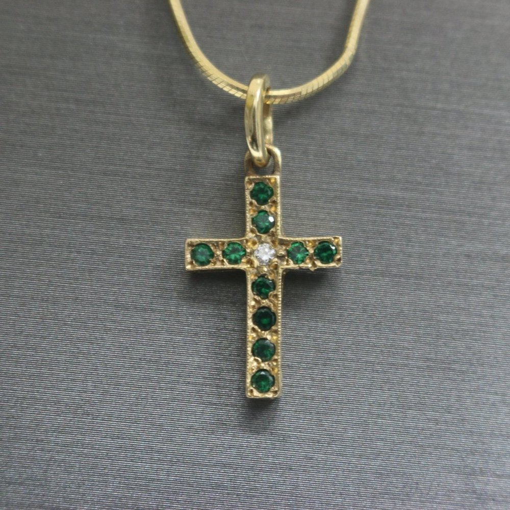 14kt Yellow Gold Green Sapphire Cross Pendant with 14kt Yellow Gold Hollow Snake
